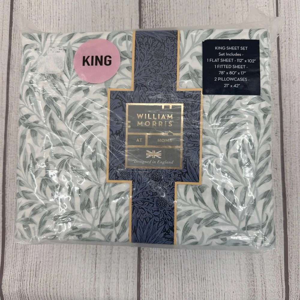 William Morris At Home Sheet Set KING Soft Mineral Willow Bough Cotton Percale